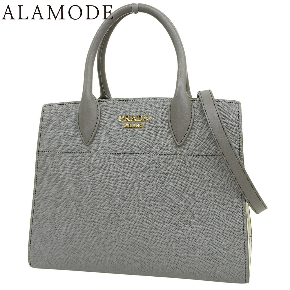 Prada Bibliotheque Bag Bicolor Saffiano Leather 2Way Shoulder Bag Gray White